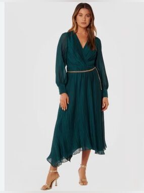 Forever New Teal Pleated Wrap Midi Dress